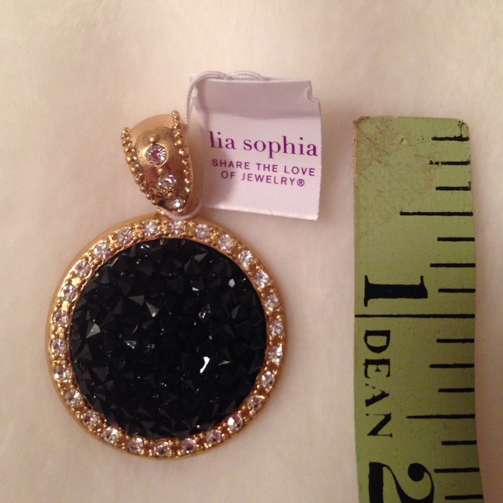 NWT Lia Sophia Rhinestone circular pendant in antique gold & black crystals